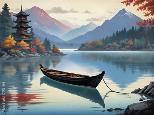 Skizzenbuchzeichnung einer japanischen Landschaft mit See, Bergen und Boot © pit24