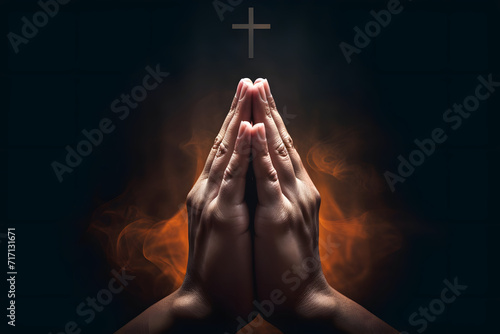 Praying hands with faith in religion and belief in God on dark background. Power of hope or love and devotion. Namaste or Namaskar hands gesture. Prayer position.
