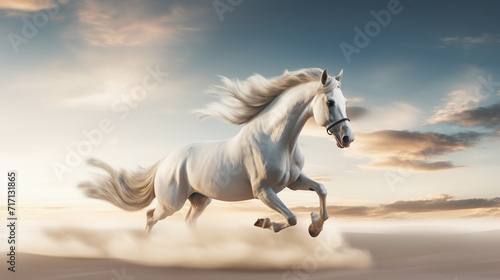 A white horse gallops along a sandy beach  AI Generative.