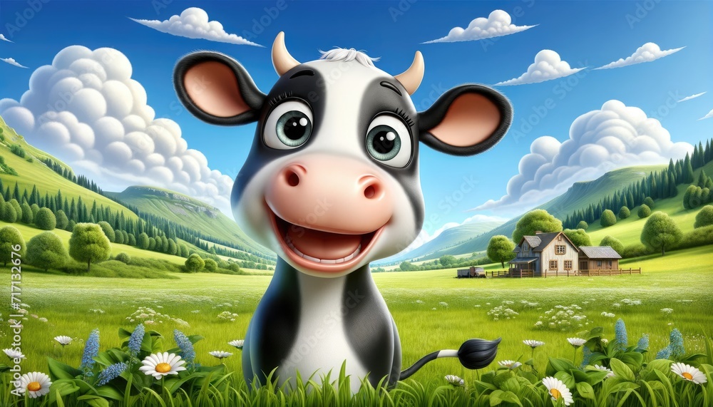 Cute cow in the farm field with beautiful sunlight in the clear blue sky Cute cow in the farm field with beautiful sunlight in the clear blue sky
