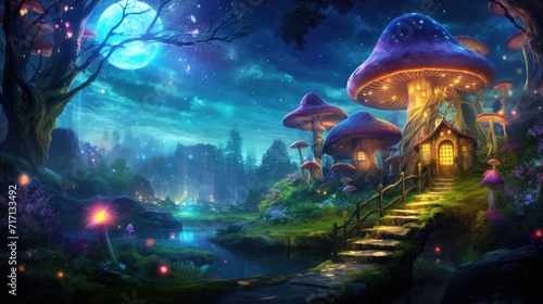Enchanted forest with luminous mushrooms and fantasy pathway. Magical fairytale scenery. © Postproduction