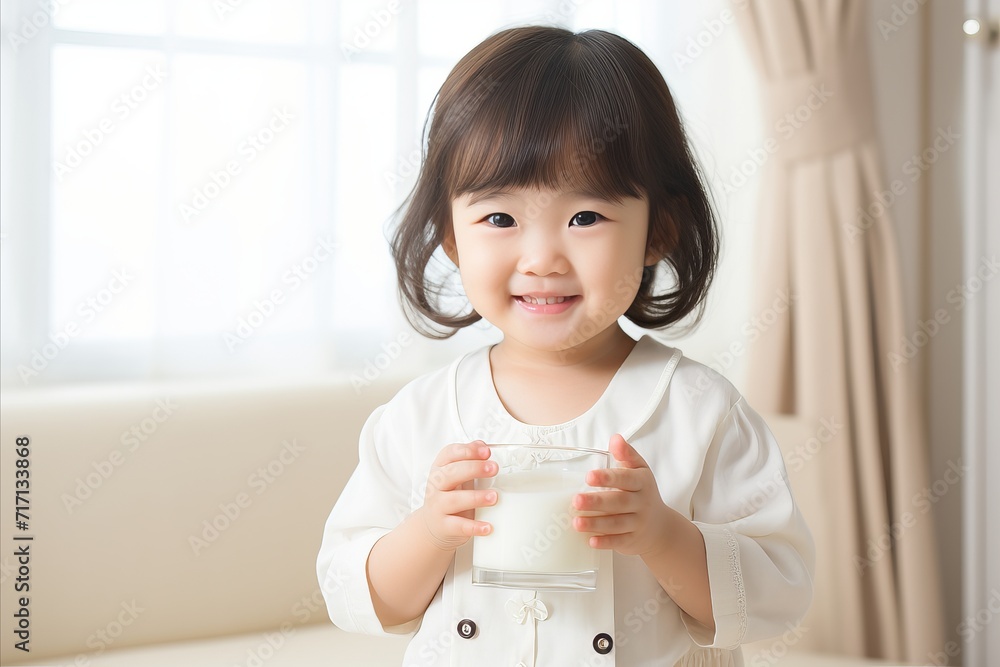 Adorable smiling asian child girl enjoying a glass of milk with empty space for text Adorable smiling asian child girl enjoying a glass of milk with empty space for text