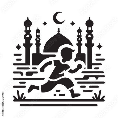 Happy Muslim Children Celebrating Ramadan festival in Front of Mosque vector illustration silhouette white background