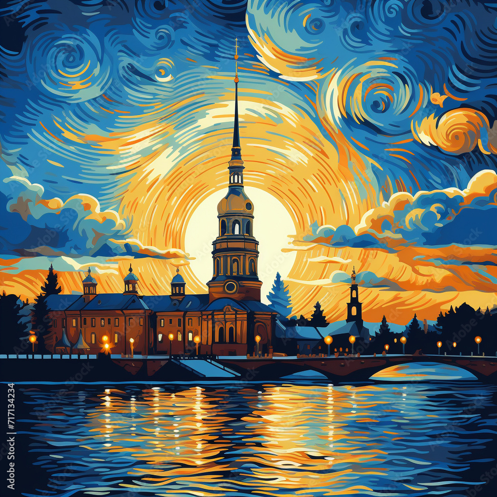 This is a vibrant illustration of the Peter and Paul Fortress in Saint Petersburg at sunset, with swirling clouds and a reflective river.
