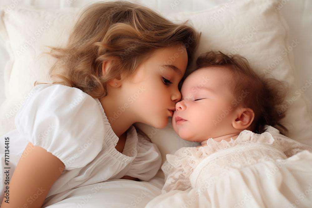 Older sister giving a tender kiss to her sleeping baby sister. Older sister giving a tender kiss to her sleeping baby sister.