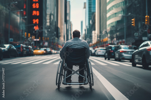 Person in a wheelchair crossing an urban street, symbolizing independence and courage in the face of challenges. © EricMiguel