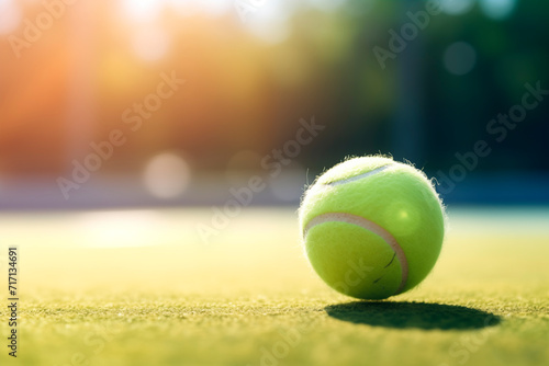 Tennis ball on grass under sunlight, symbolizing sport and competition. © EricMiguel