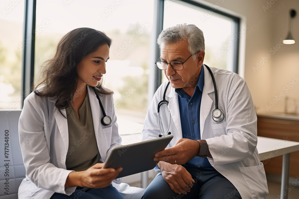 Fototapeta premium Doctor in white coat with stethoscope showing tablet to smiling patient in clinic.