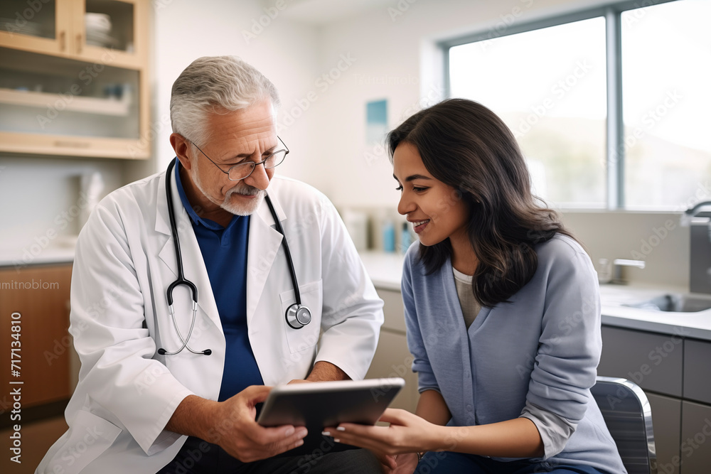 Doctor in white coat with stethoscope showing tablet to smiling patient in clinic. Doctor in white coat with stethoscope showing tablet to smiling patient in clinic.