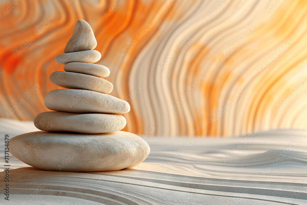 Obraz premium Abstract zen, calming in balance stack of rocks with red and white wave with dynamic contrast of earth and sea, captured in a vibrant painting of textured rocks adorned with a bold red and white wave.
