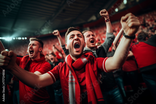 Soccer fans in stadium passionately celebrating, dressed in red, symbolizing unity and euphoria.