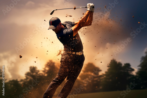 Golfer executing a powerful swing with flying dirt at sunset, symbolizing strength and skill.