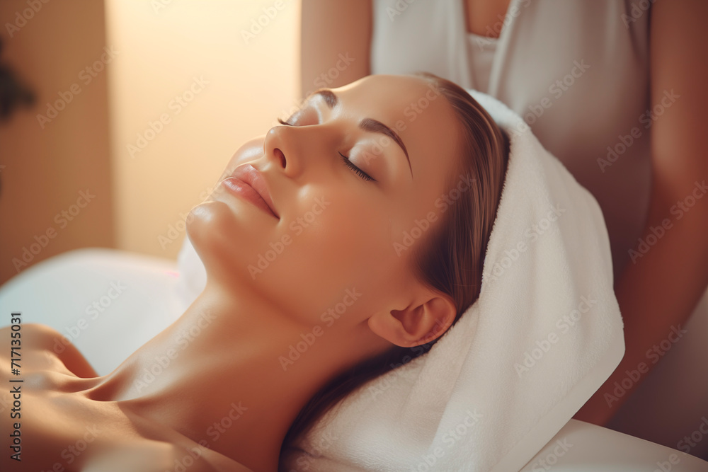Woman receiving a facial treatment at a spa, focused on relaxation and skin care. Woman receiving a facial treatment at a spa, focused on relaxation and skin care.