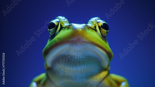A whimsical frog character with a mischievous grin against a deep royal blue backdrop.