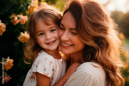 Mother and daughter sharing a tender hug in a garden, radiating happiness.