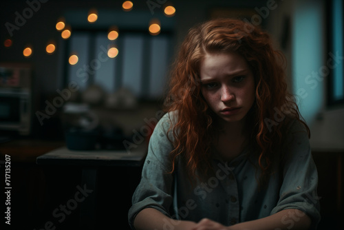 Wallpaper Mural Thoughtful young redhead with a sad expression, softly lit in a dark indoor setting. Torontodigital.ca