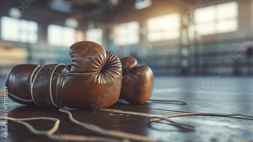 A pair of well-worn, vintage brown leather boxing gloves, next to a jump rope on a gritty gym floor. photo