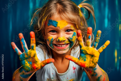 Smiling girl with painted hands showcasing her creativity and joy with vibrant colors against a blue background.