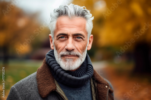 Portrait of a mature man with grey hair and scarf, exuding serenity and style in autumn.