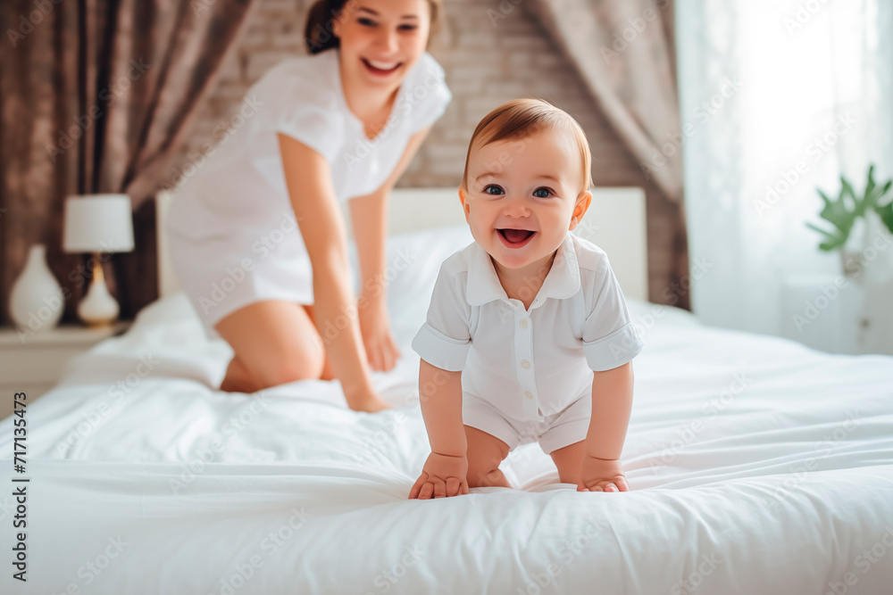 Smiling baby in focus with blurred adult in the background, in a homely and safe environment. Smiling baby in focus with blurred adult in the background, in a homely and safe environment.