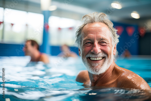 Smiling elderly man enjoying swimming as a healthy exercise in the pool.