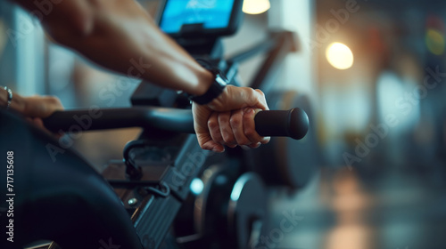 A close-up on the hands of an individual gripping the handlebars of a stationary bike. 