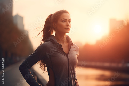 Reflective woman against an urban sunset, symbolizing wellness and a healthy lifestyle.