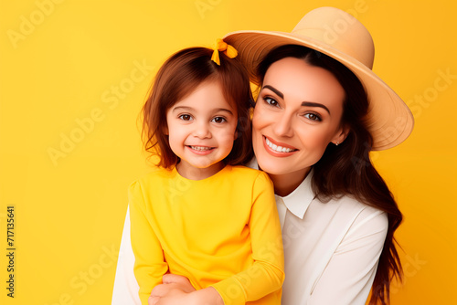 Mother and daughter sharing a tender hug, surrounded by a warm yellow hue.