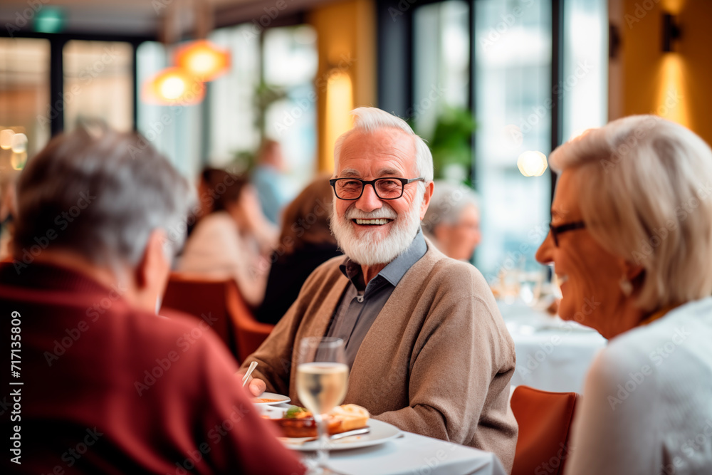 Elderly man smiling while enjoying an elegant dinner with friends at a restaurant. Elderly man smiling while enjoying an elegant dinner with friends at a restaurant.