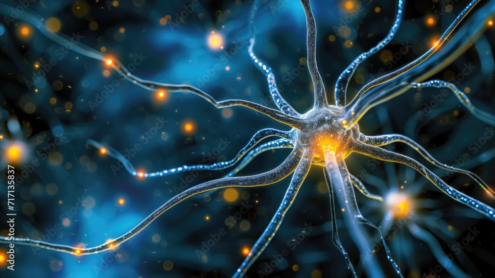 Neural network with central neuron glowing brightly