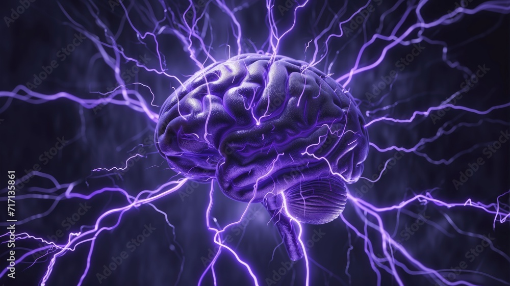Human brain with electric impulses in purple Human brain with electric impulses in purple