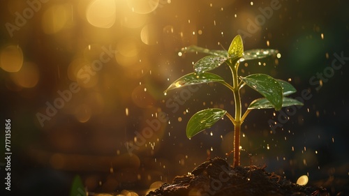 Young plant sprouting with water droplets in sunlight