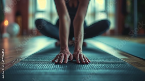 A yoga mat with someone practicing a pose, their hands and feet. Close-up of a yoga practitioner’s hands and feet in the Uttanasana pose, commonly known as the standing forward bend, on a yoga mat.  photo