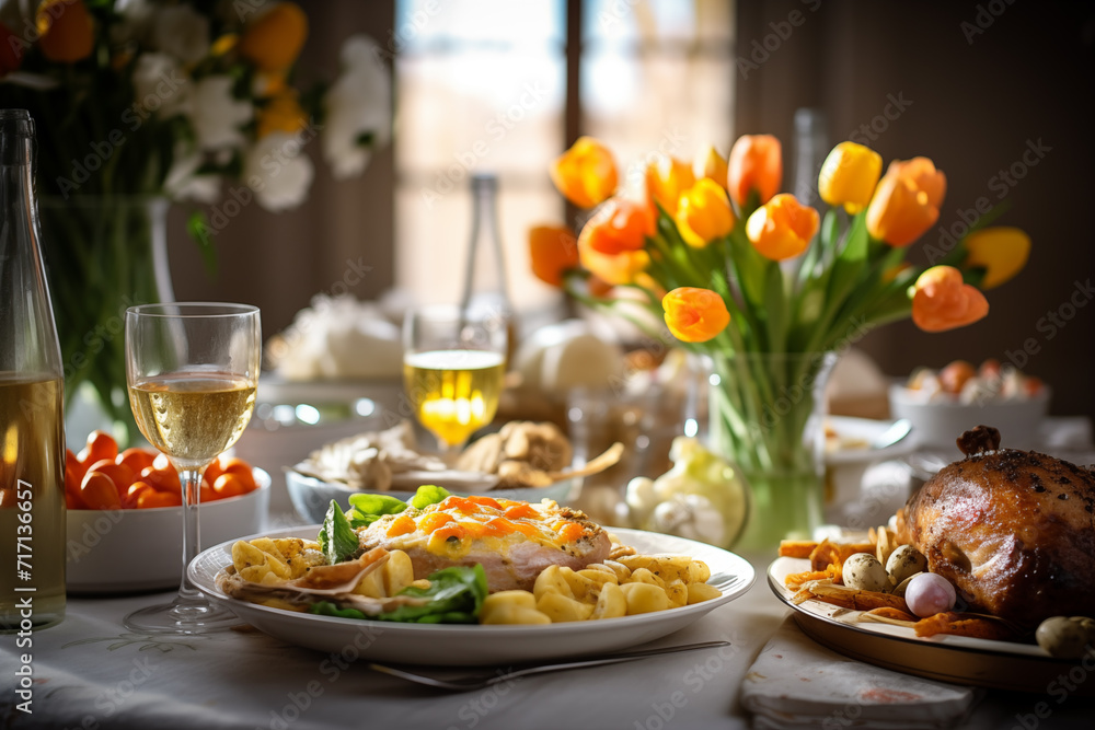 Easter lunch or dinner. Happy Easter celebration background