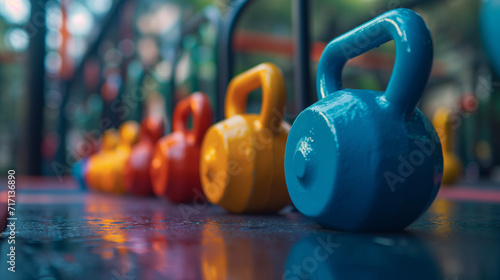 Close-up of a set of colorful kettlebells, varying sizes and colors of the kettlebells. 