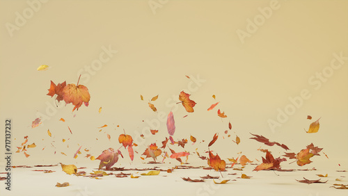 Seasonal Background with Autumn Leaves blowing in the wind. Cream Banner with copy-space. photo