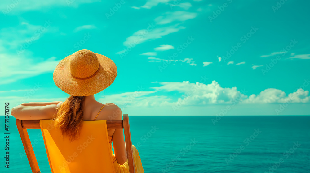 Mujer caucásica tomando el sol en la playa sentada en una tumbona. Imagen de colores vivos rojos, amarillos y azules para usar en catálogo de verano.