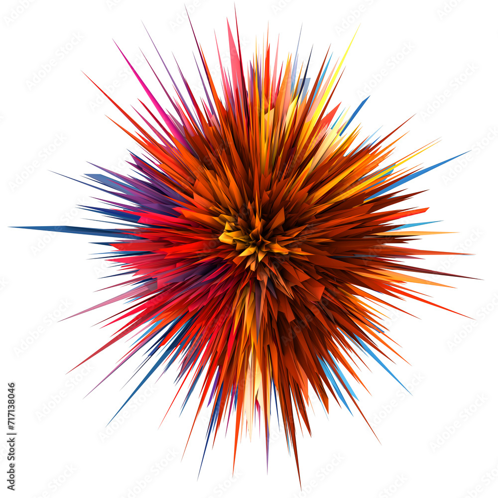 Obraz premium Abstract, spiky, pointed and colorful 3D element on transparent background. Modern and contemporary feel. Highly detailed and reflective with shades of red, orange, yellow, blue, cyan