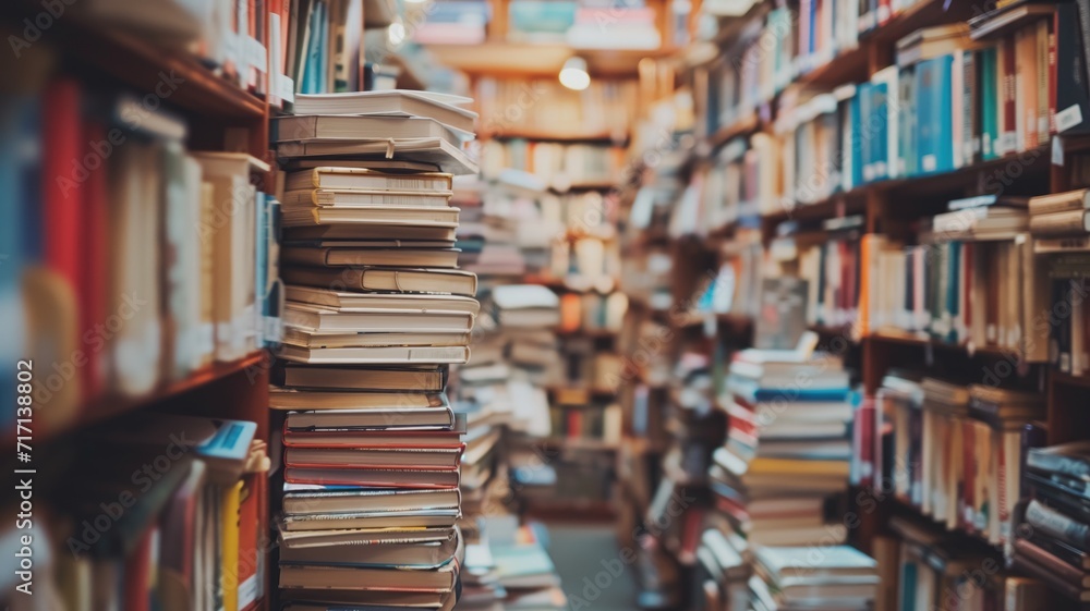 Stacked and shelved books in a cozy library setting Stacked and shelved books in a cozy library setting