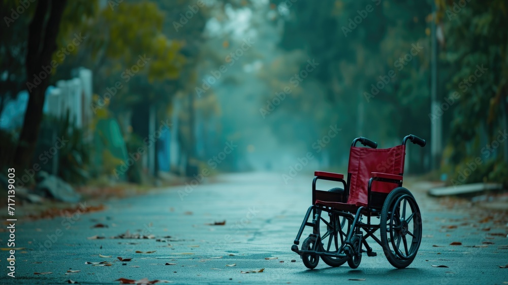 Empty wheelchair on a deserted, leaf-strewn path in a tranquil park setting