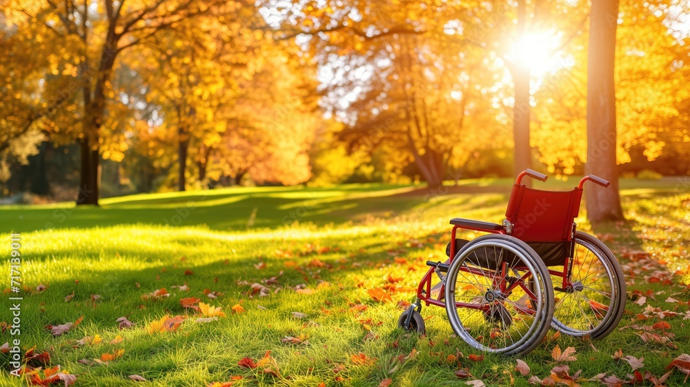 Fototapeta premium Empty red wheelchair on a lush green lawn with autumn leaves and sunlight filtering through trees