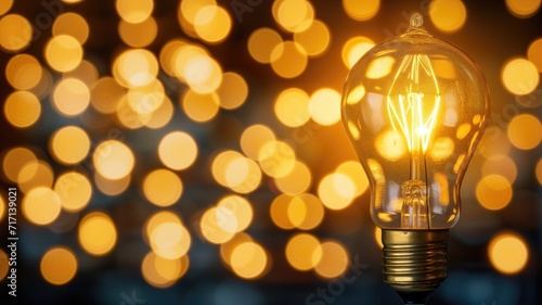 A glowing filament bulb with a background of golden bokeh lights