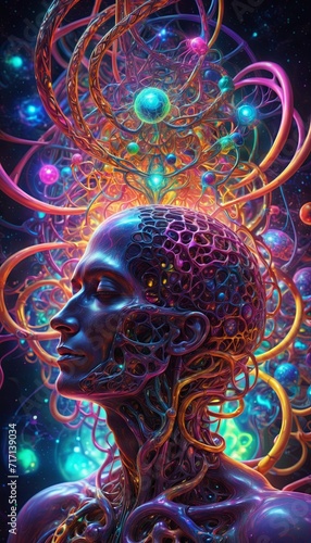 Surreal portrait of a person with cosmic wireframe hair adorned with glowing orbs and fractal elements against a dark space background.