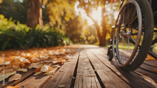 Fotografia Empty wheelchair on a wooden boardwalk surrounded by autumn leaves in a sunlit p
