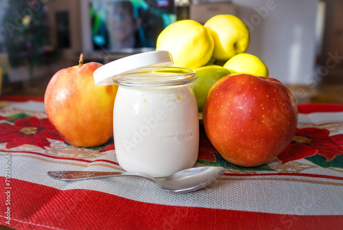 Healthy breakfast, Homemade yogurt with red wonderful apple. Diet food