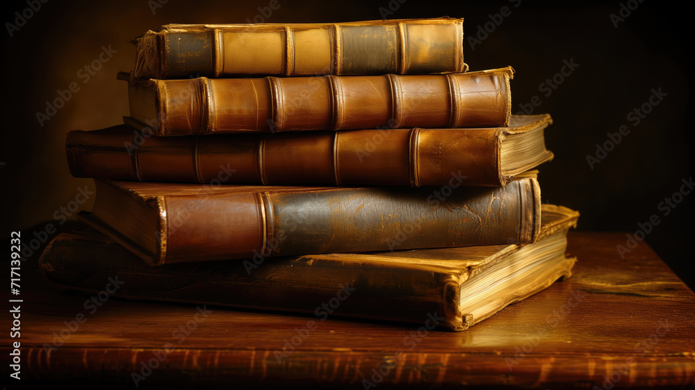 Stack of aged leather-bound books on a dark table