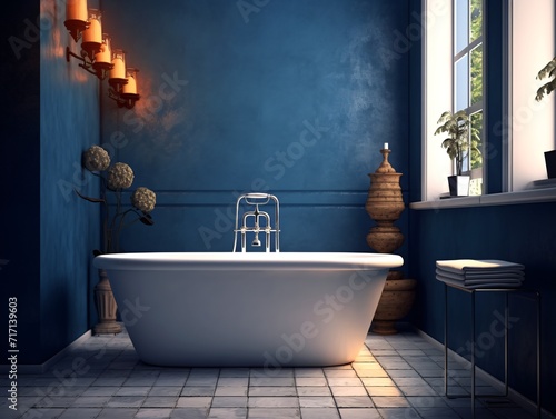 Interior of modern bathroom with bathtub and mirror