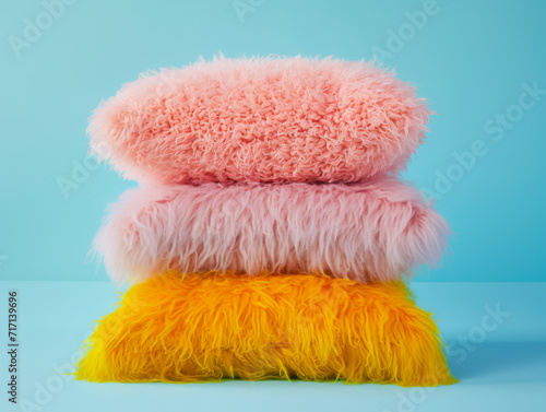 A vibrant stack of fluffy faux fur pillows in pink and yellow hues on blue background.
