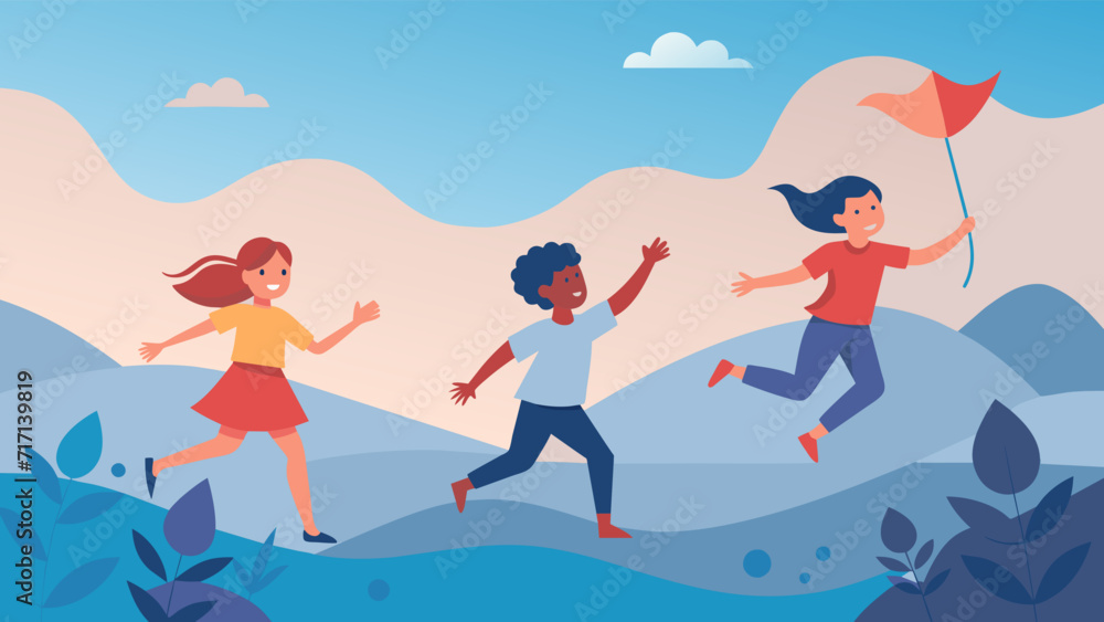 Happy children running and playing with kite in nature vector illustration