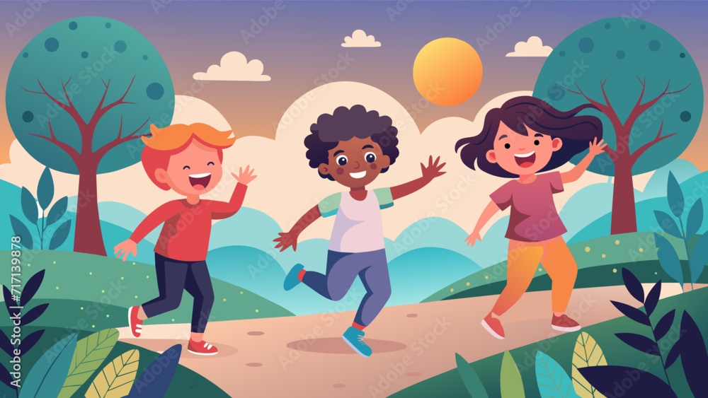 Happy children playing in a park at sunset, vector illustration